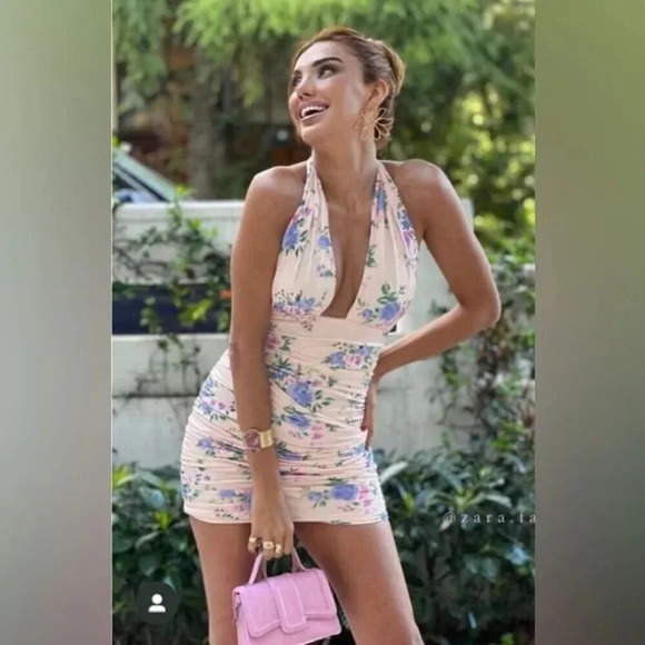 Zara Ruched Floral Halter Mini Dress Pink Purple NWOT Size Small - Picture 4 of 11